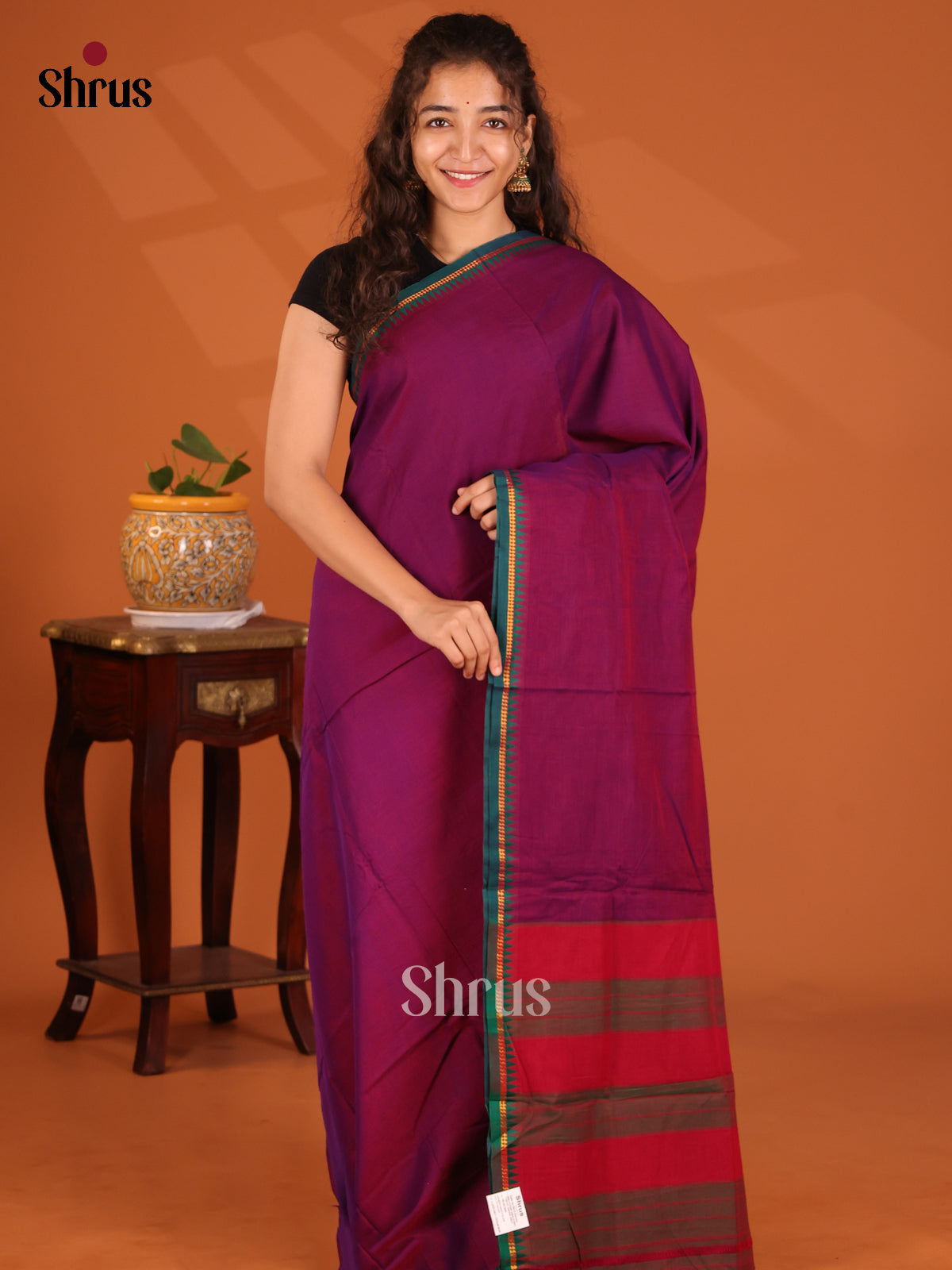 Purple with Green - Narayanpet Cotton Saree - Shop on Shrus.com
