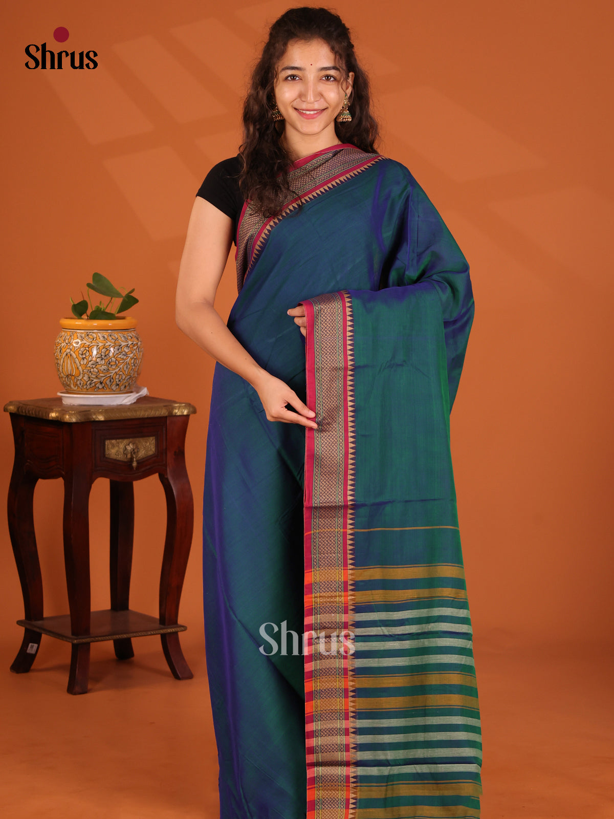 Peacock  Blue with Maroon- Narayanpet Cotton Saree - Shop on Shrus.com