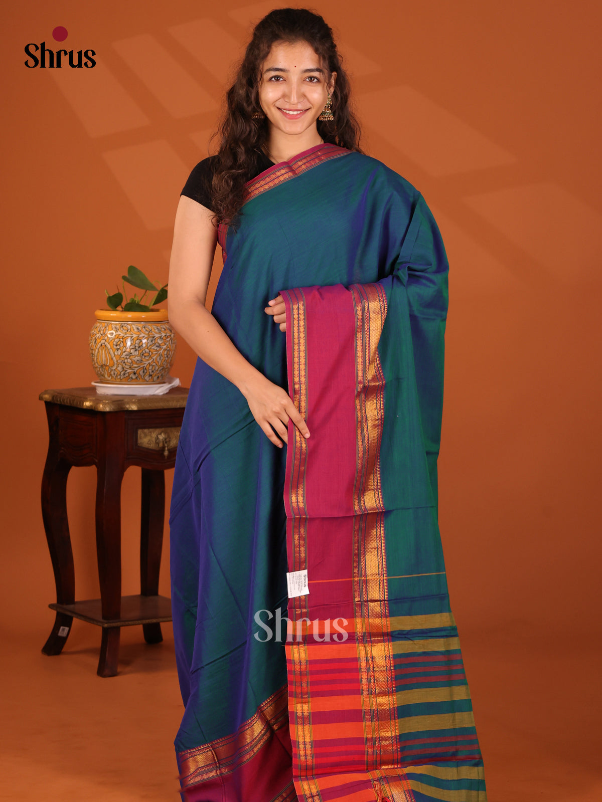 Peacock Blue with Maroon - Narayanpet Cotton Saree - Shop on Shrus.com