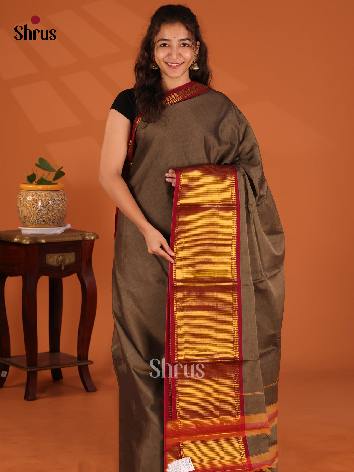 Grey with Maroon - Narayanpet Cotton Saree - Shop on Shrus.com