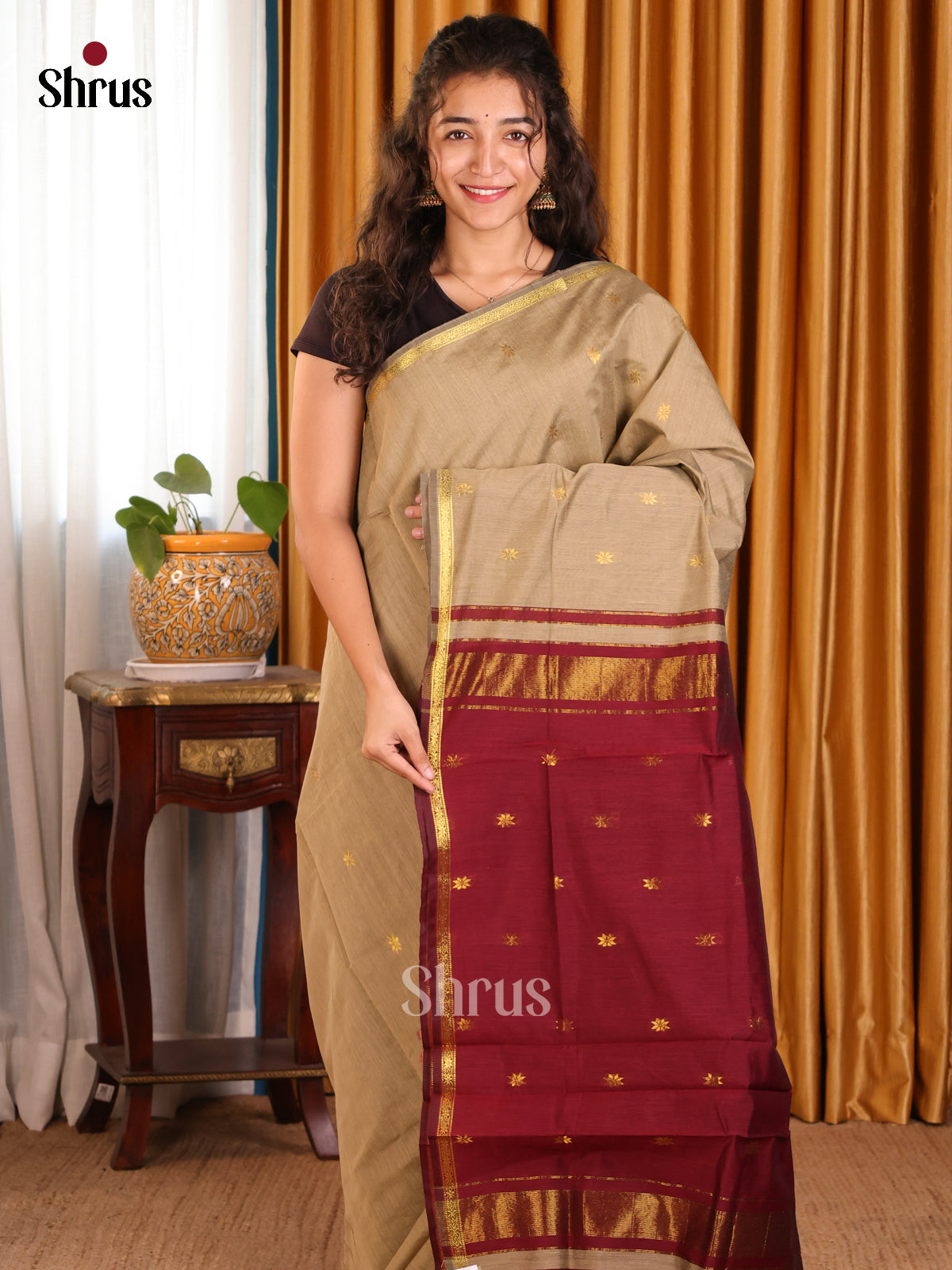 Beige & Maroon- Semi Maheshwari Saree - Shop on Shrus.com