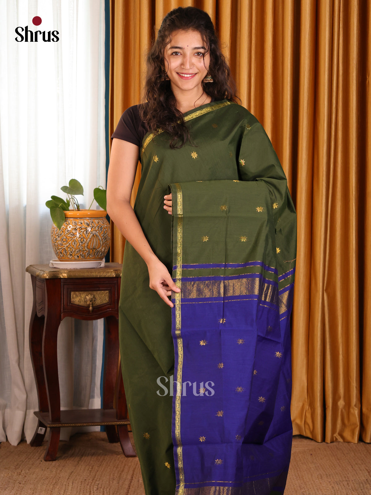 Green & Blue- Semi Maheshwari Saree - Shop on Shrus.com