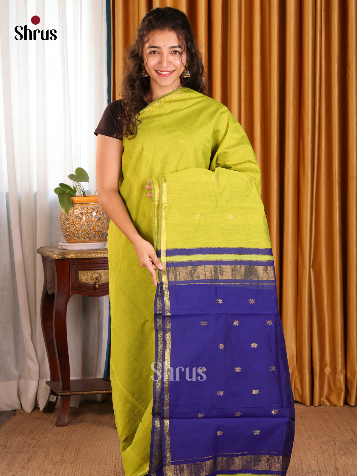 Lite Green & Blue- Semi Maheshwari Saree - Shop on Shrus.com