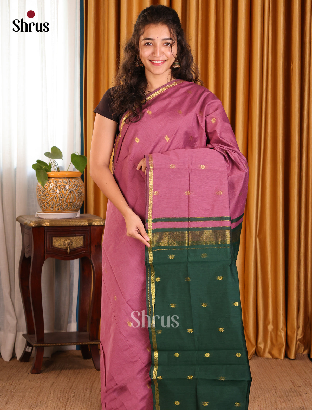 Onion Pink & Green - Semi Maheshwari Saree - Shop on Shrus.com