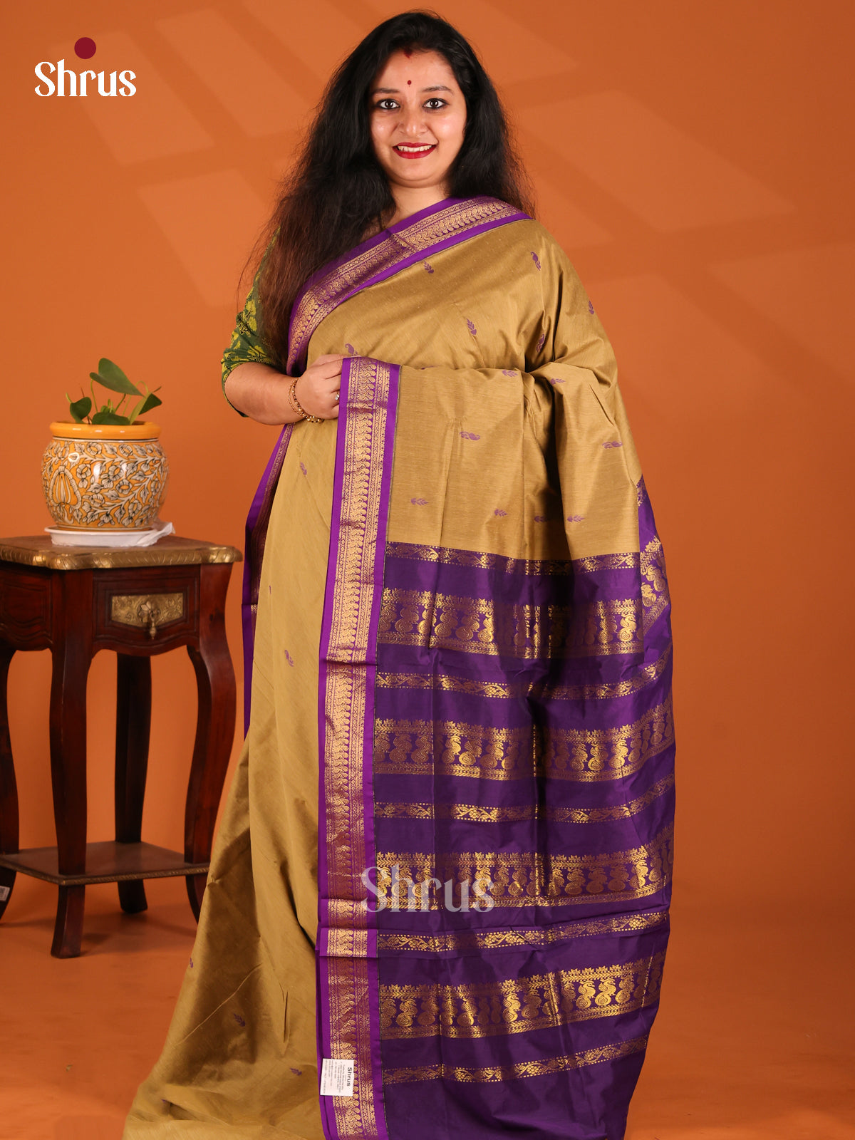 Beige with Violet- Kalyani Cotton Saree - Shop on Shrus.com