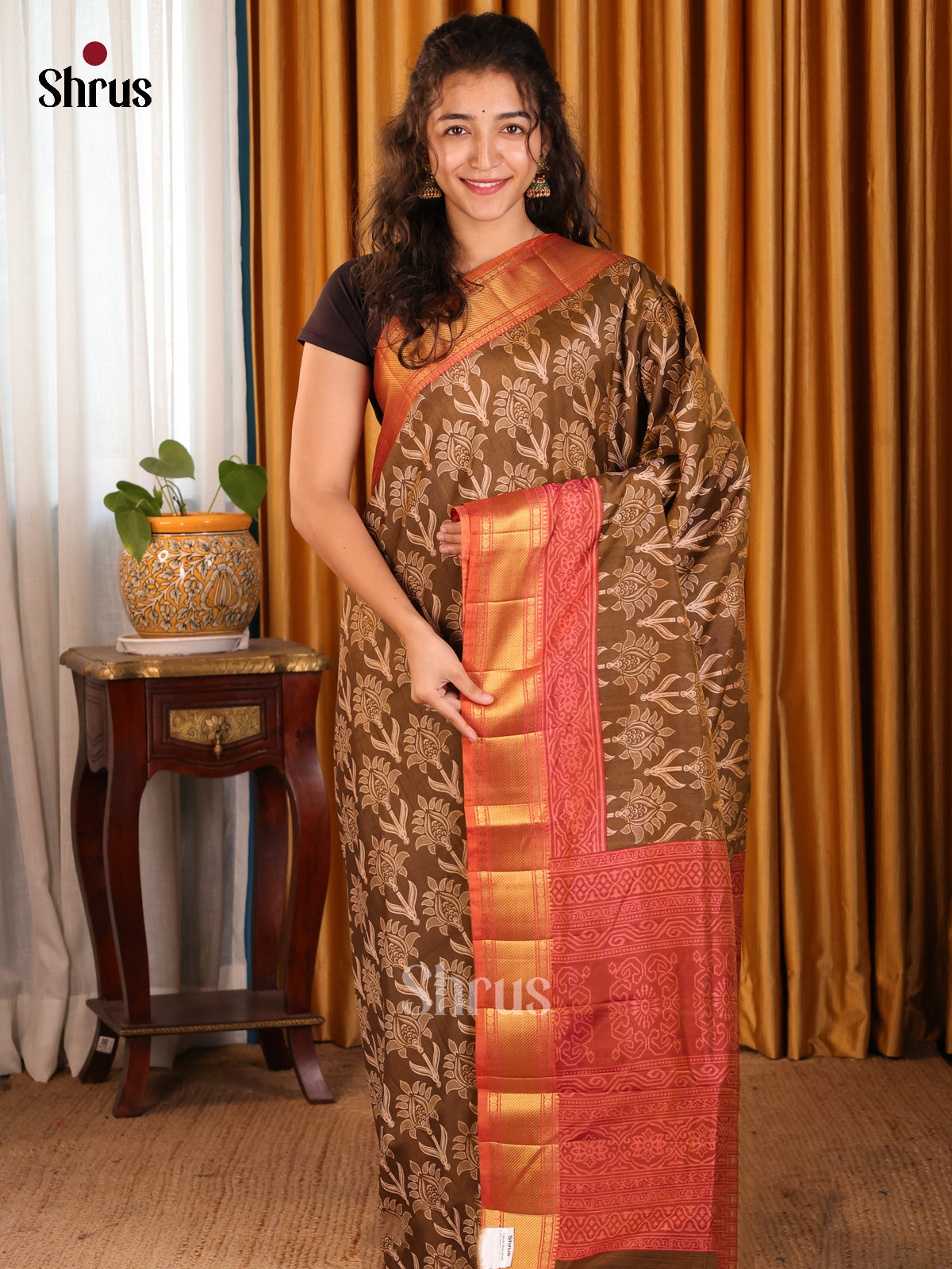 Brown with Brick Orange - Semi Patola Saree - Shop on Shrus.com