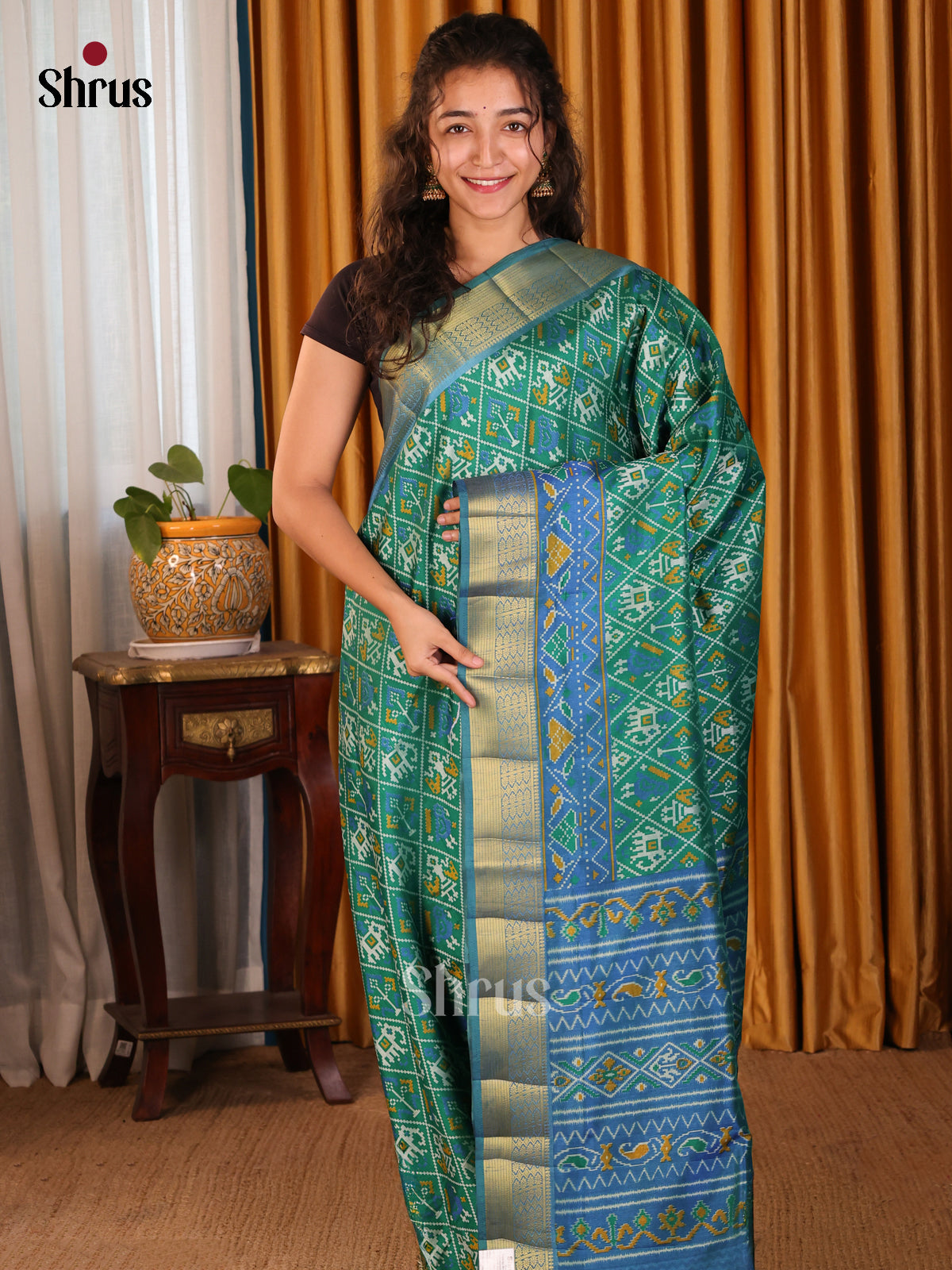 Green & Blue - Semi Patola Saree - Shop on Shrus.com