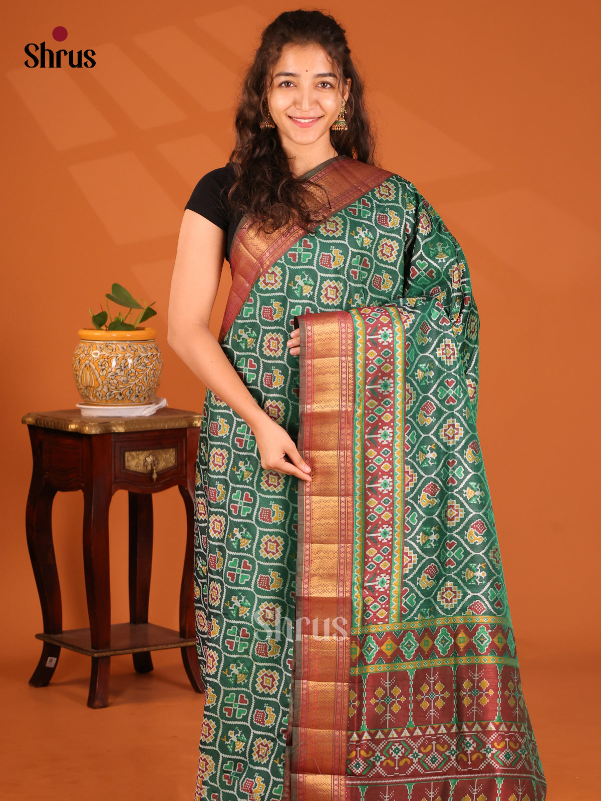 Green with brown- Semi Patola Saree - Shop on Shrus.com