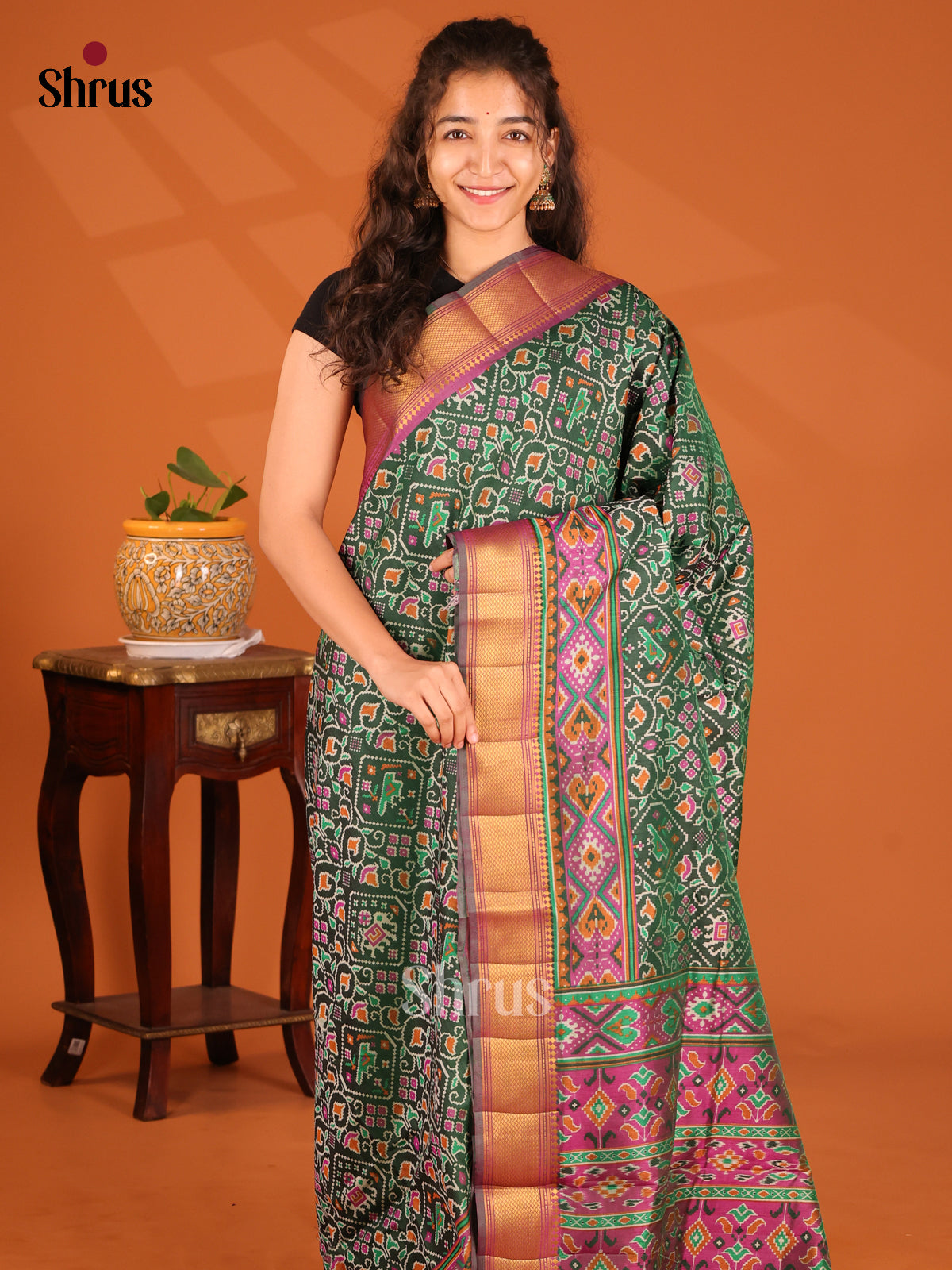 Green with Purple - Semi Patola Saree - Shop on Shrus.com