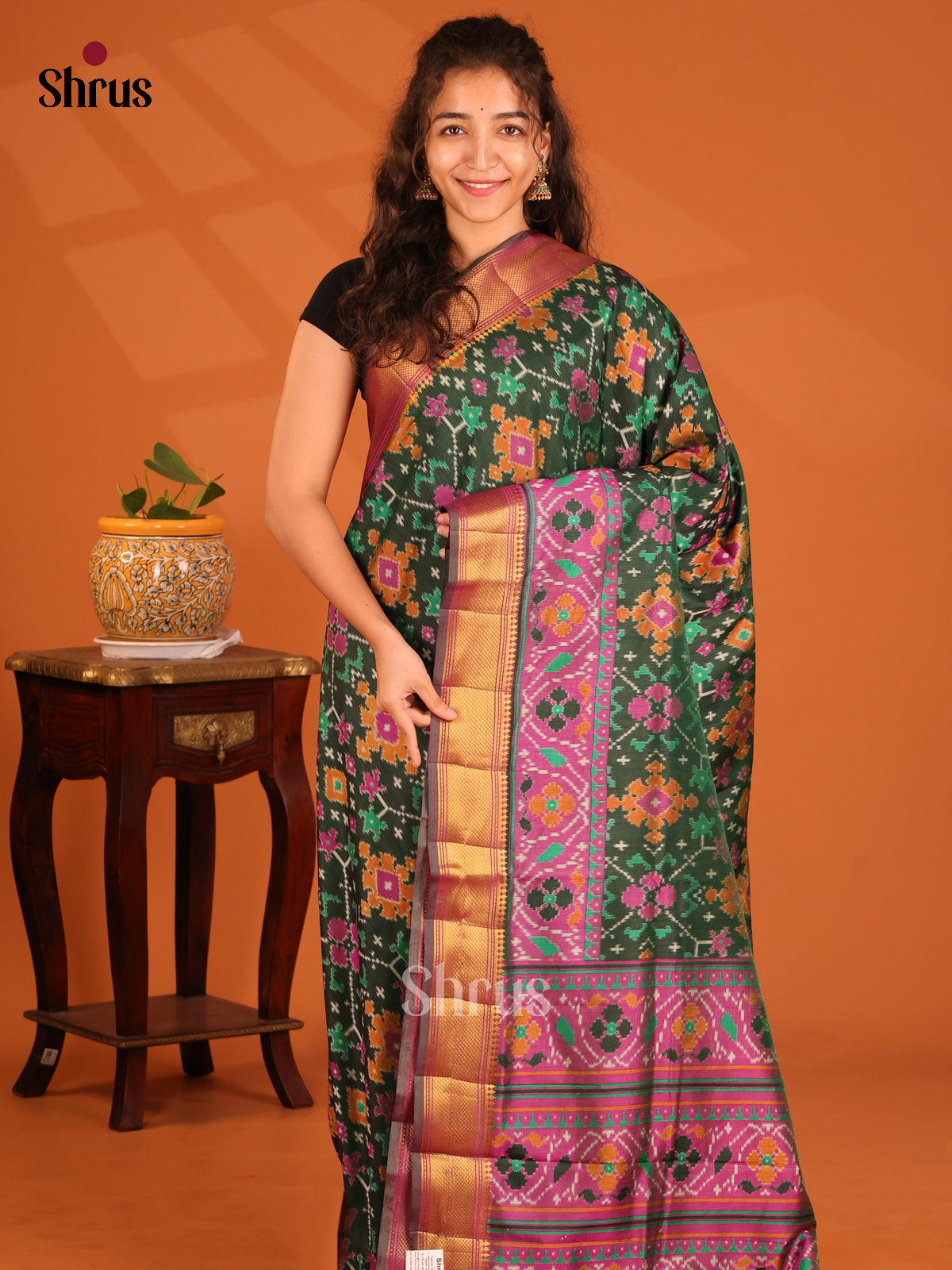 Green with Purple - Semi Patola Saree - Shop on Shrus.com