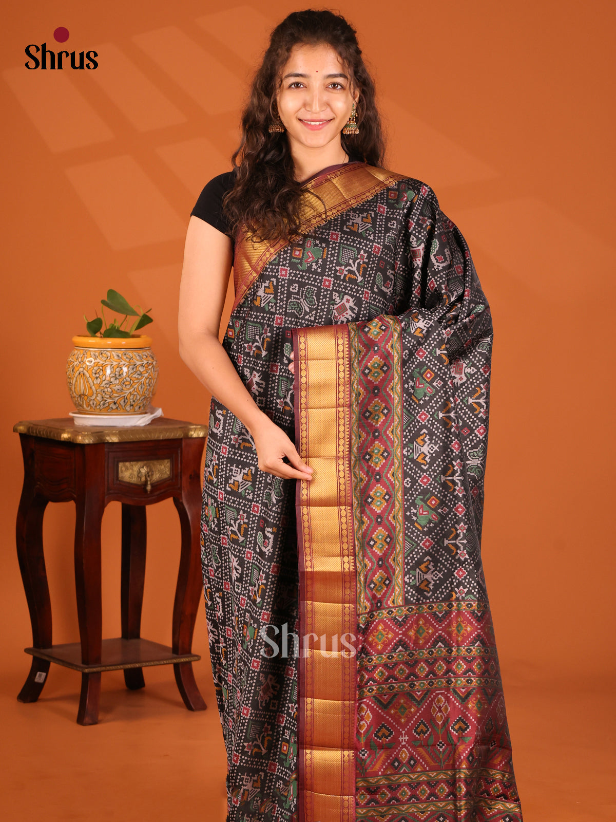 Black with Maroon- Semi Patola Saree - Shop on Shrus.com