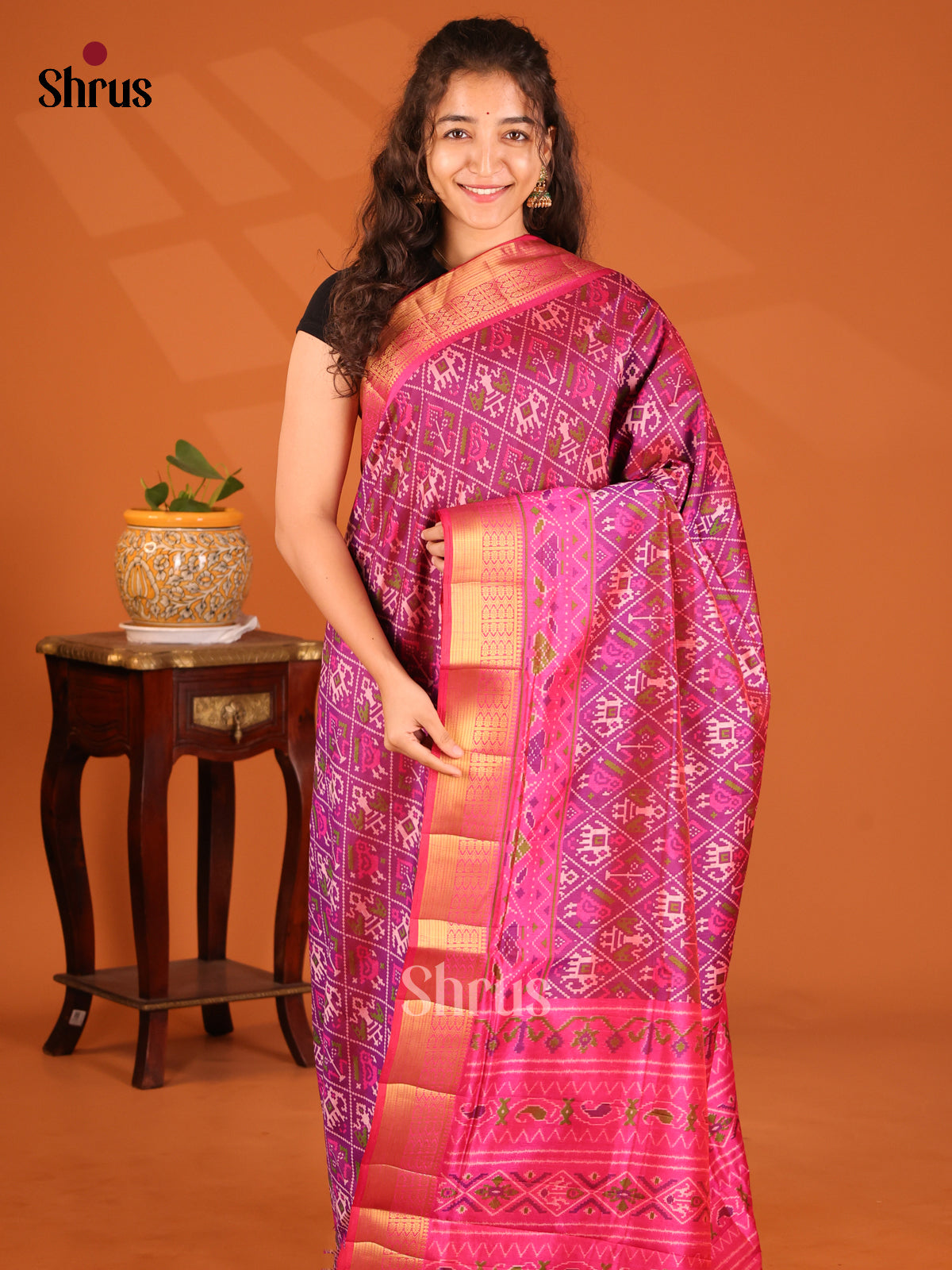 Purple with Pink - Semi Patola Saree - Shop on Shrus.com