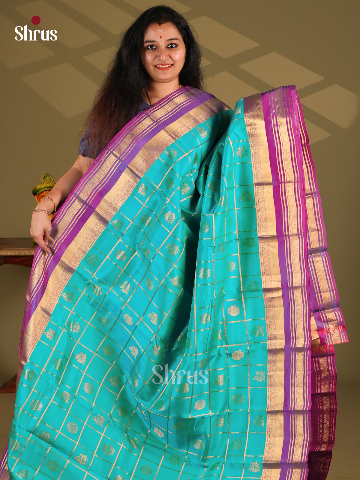 Teal & Purple- Kanchipuram-halfpure Saree - Shop on Shrus.com