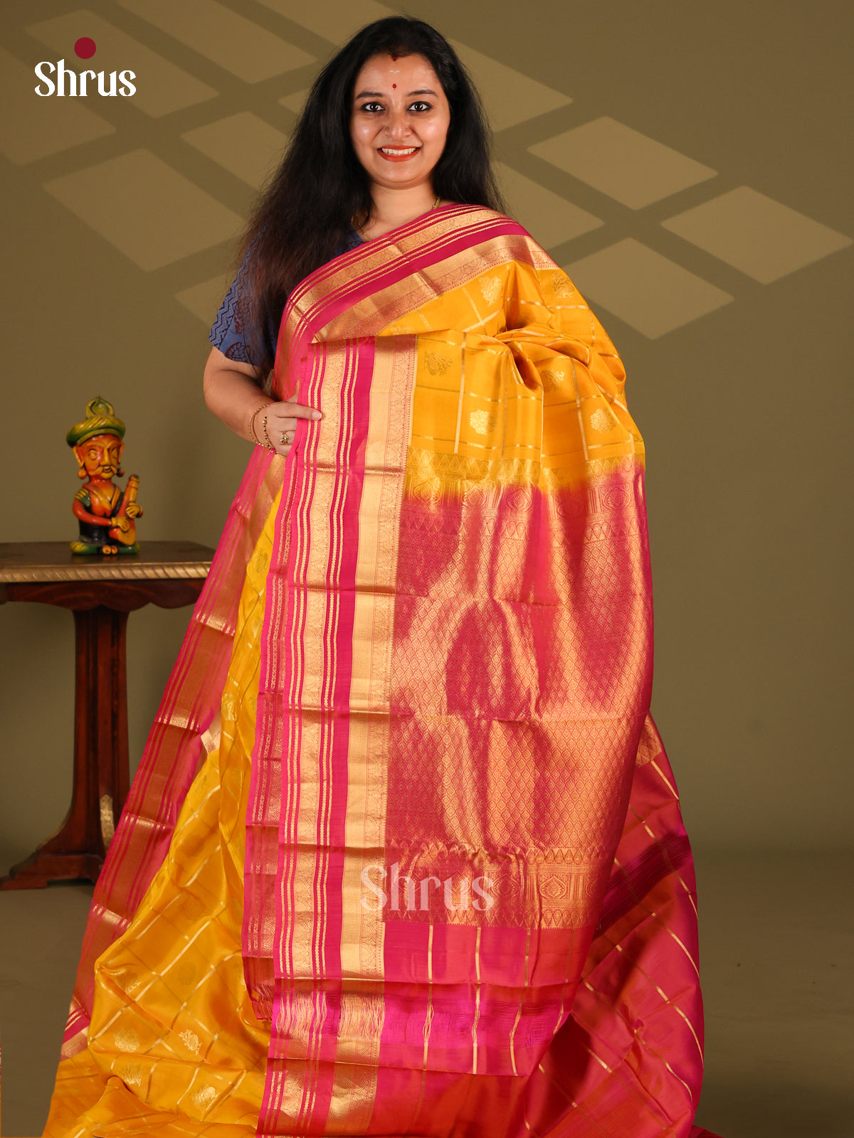 Mustard & Maroon - Kanchipuram-halfpure Saree - Shop on Shrus.com