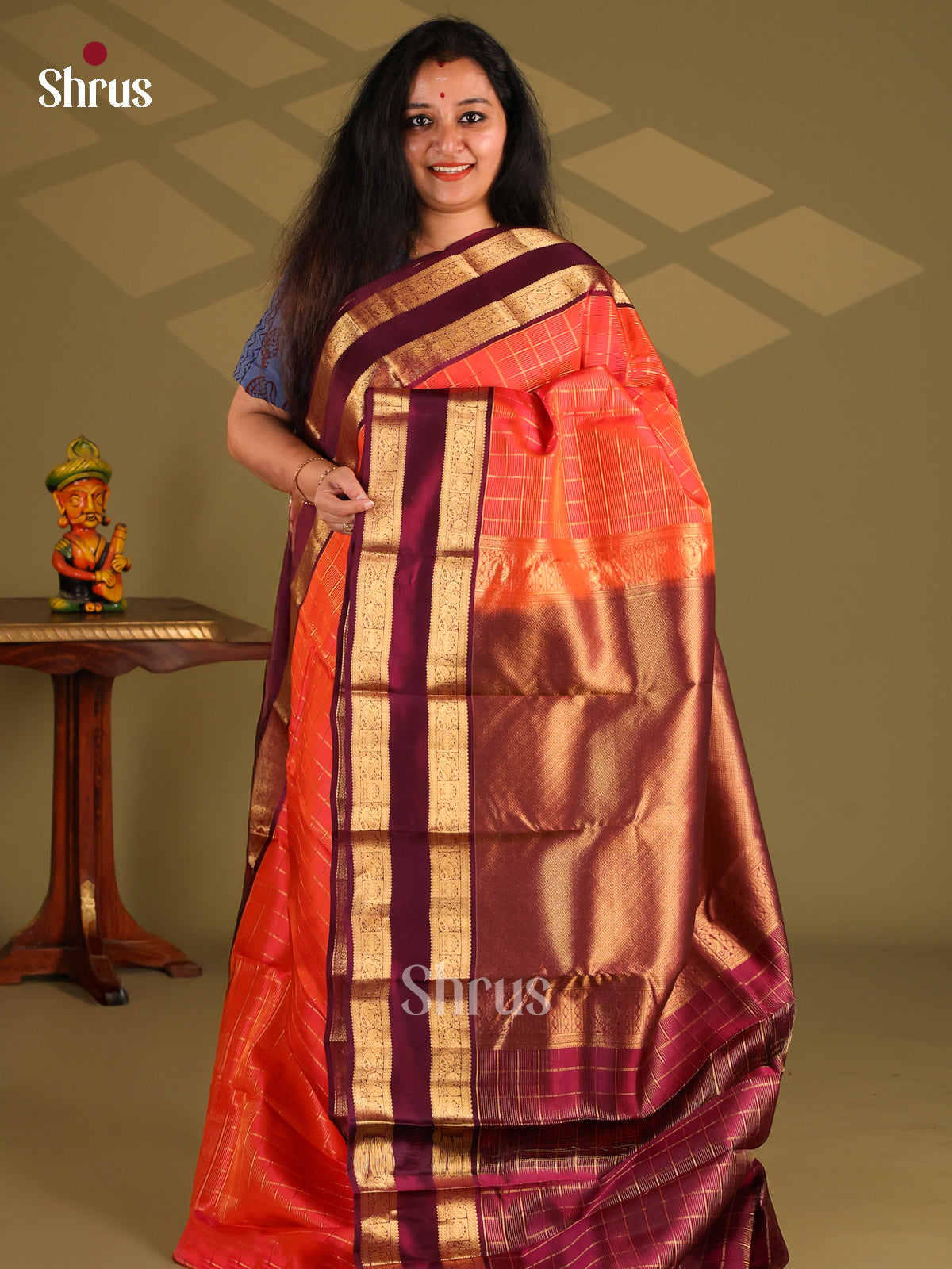 Orange & Purple - Kanchipuram-halfpure Saree - Shop on Shrus.com