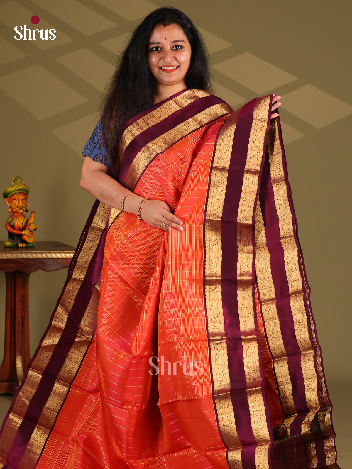 Orange & Purple - Kanchipuram-halfpure Saree - Shop on Shrus.com