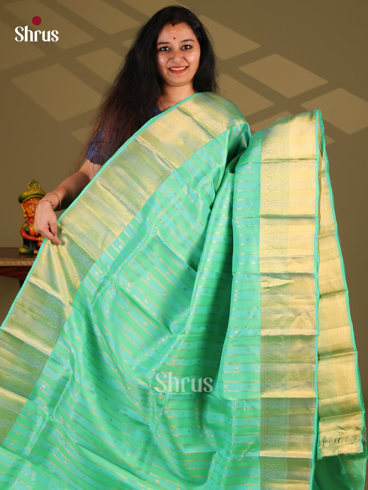 Pista Green &  Teal - Kanchipuram-halfpure Saree - Shop on Shrus.com