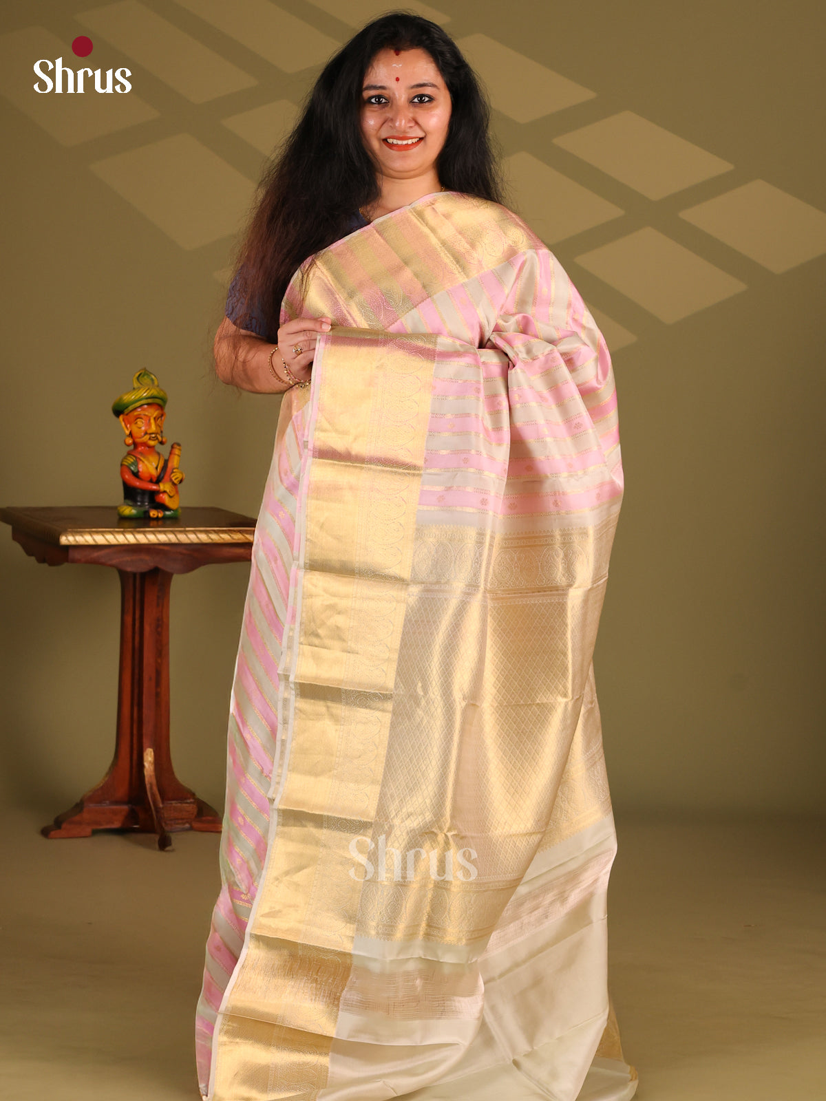 Pink & Cream - Kanchipuram-halfpure Saree - Shop on Shrus.com