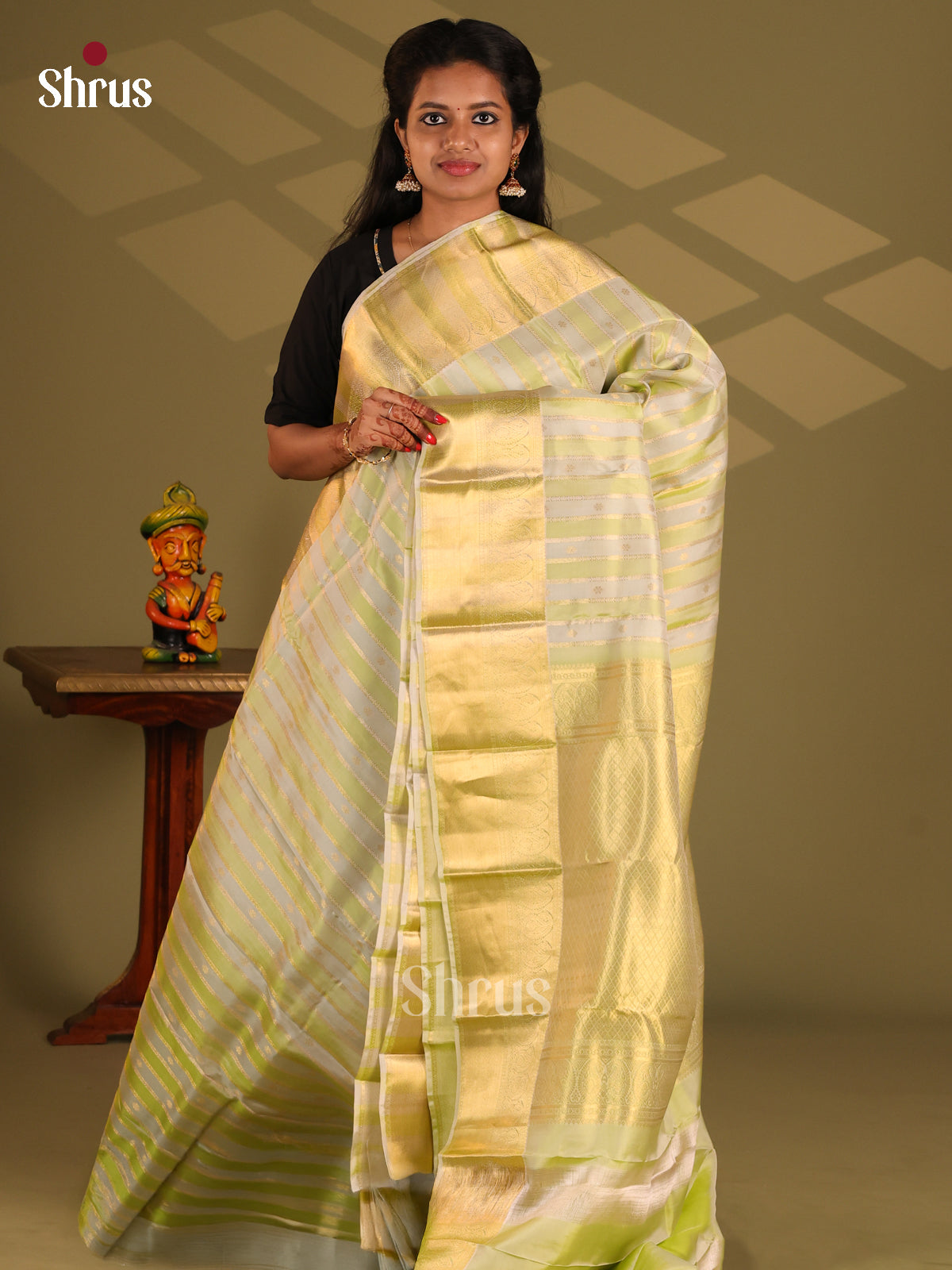 Cream & Green - Kanchipuram-halfpure Saree - Shop on Shrus.com
