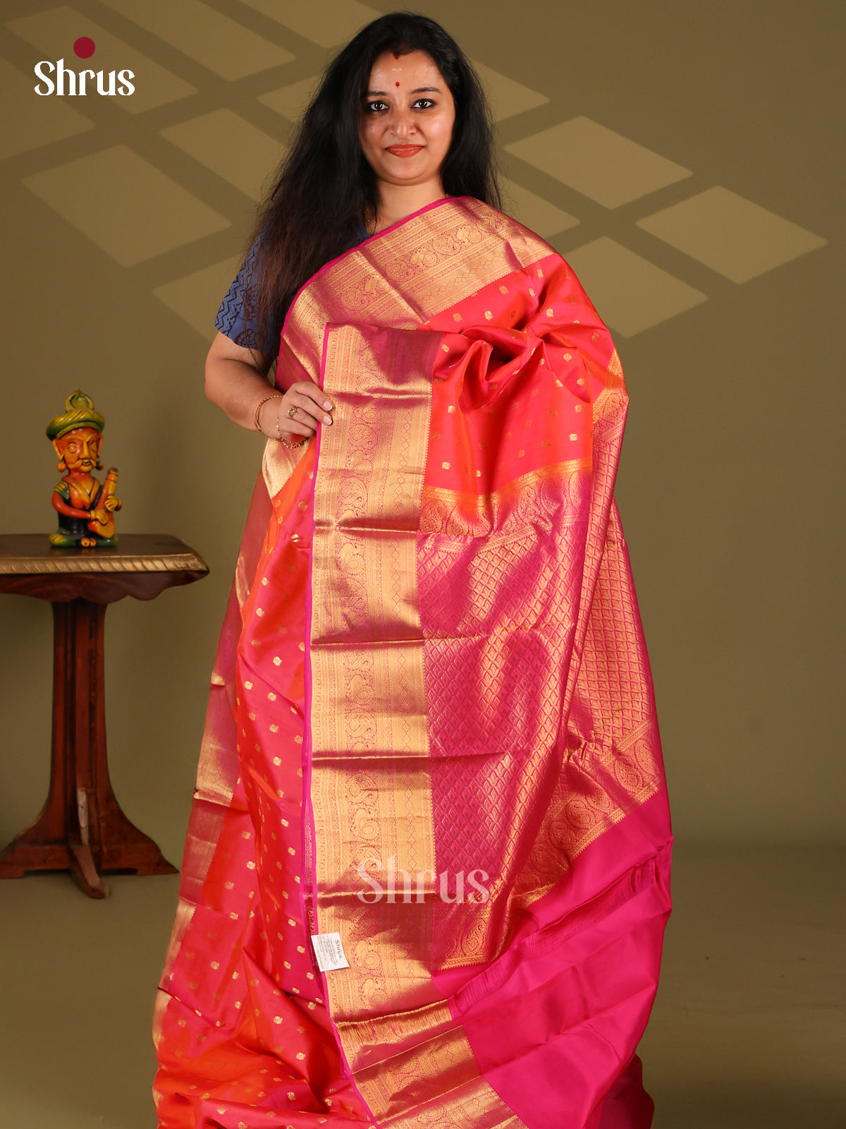 Orange & Pink - Kanchipuram-halfpure Saree - Shop on Shrus.com