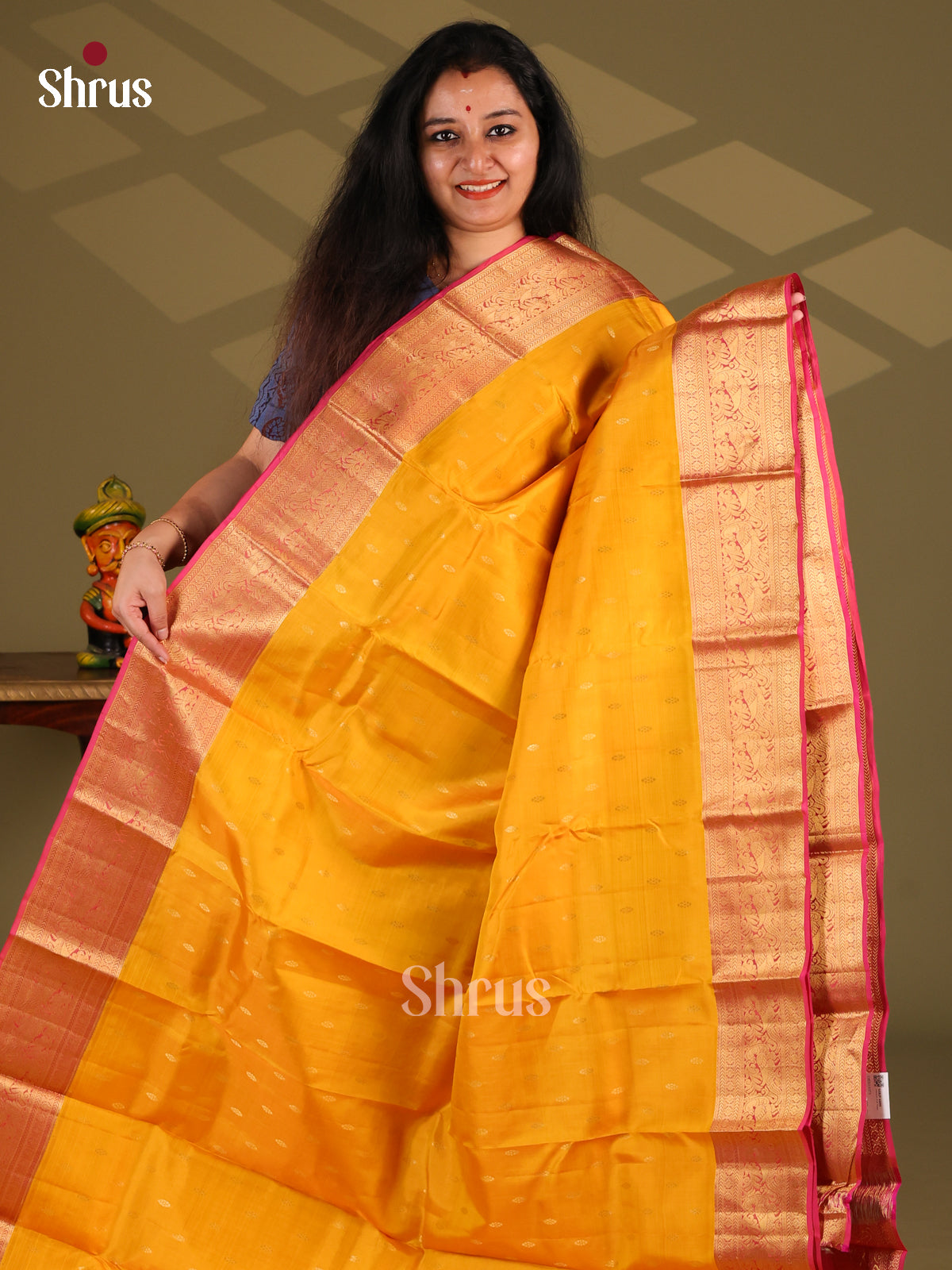 Mustard & Red- Kanchipuram-halfpure Saree - Shop on Shrus.com
