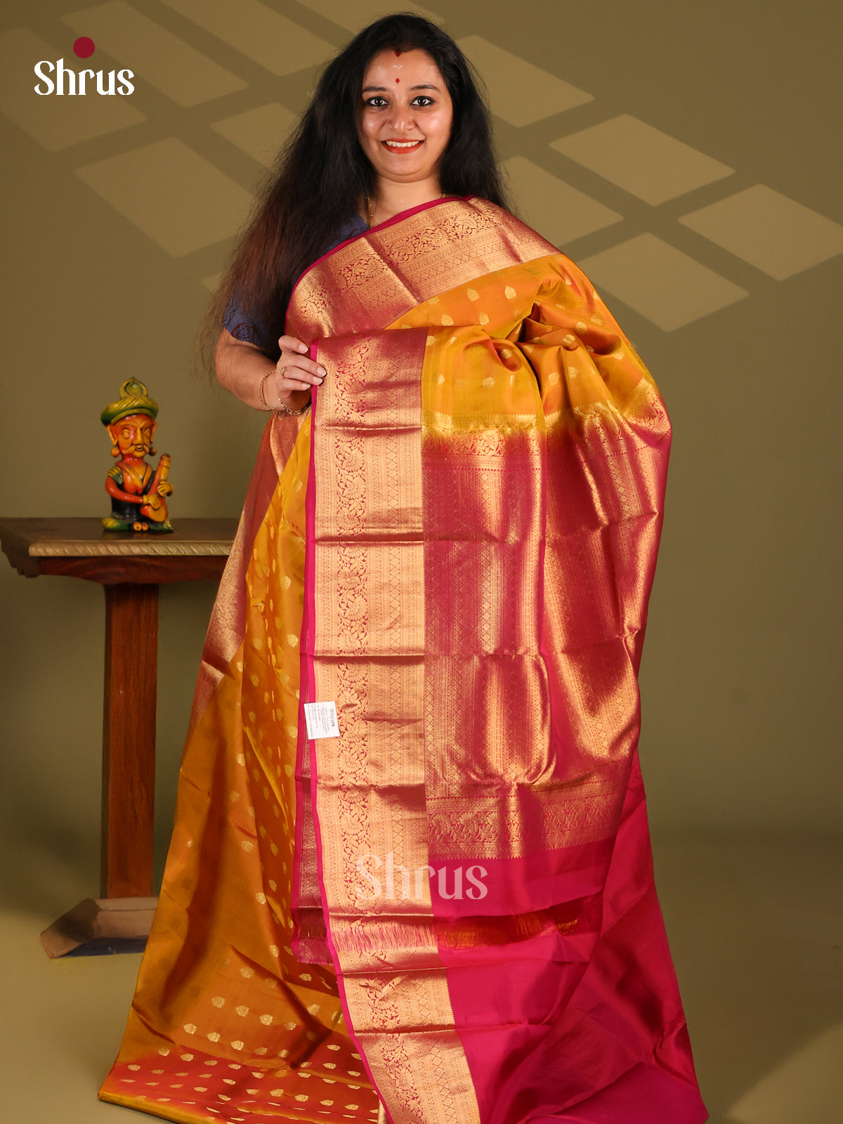 Mustard  & Maroon- Kanchipuram-halfpure Saree - Shop on Shrus.com