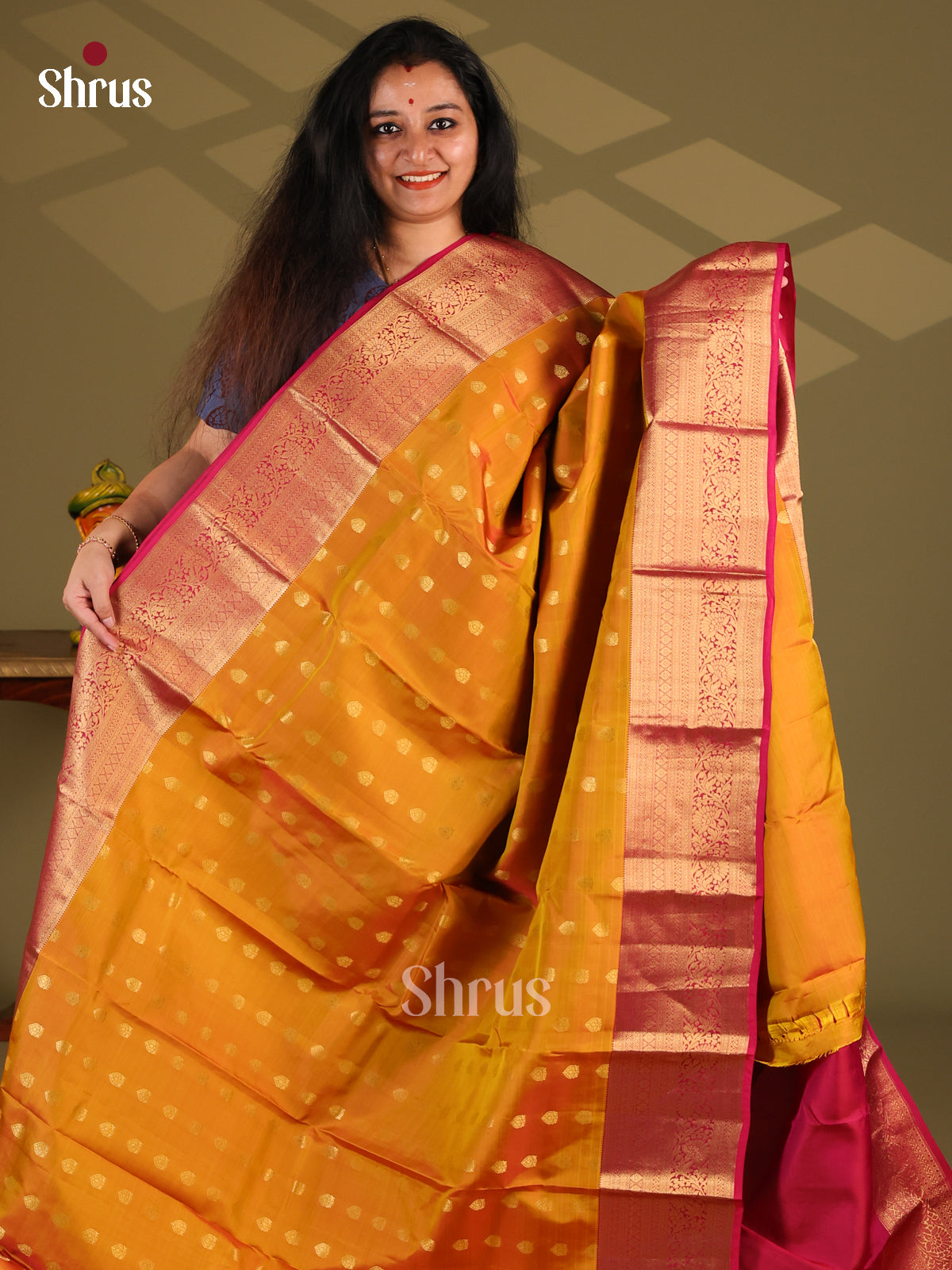 Mustard  & Maroon- Kanchipuram-halfpure Saree - Shop on Shrus.com