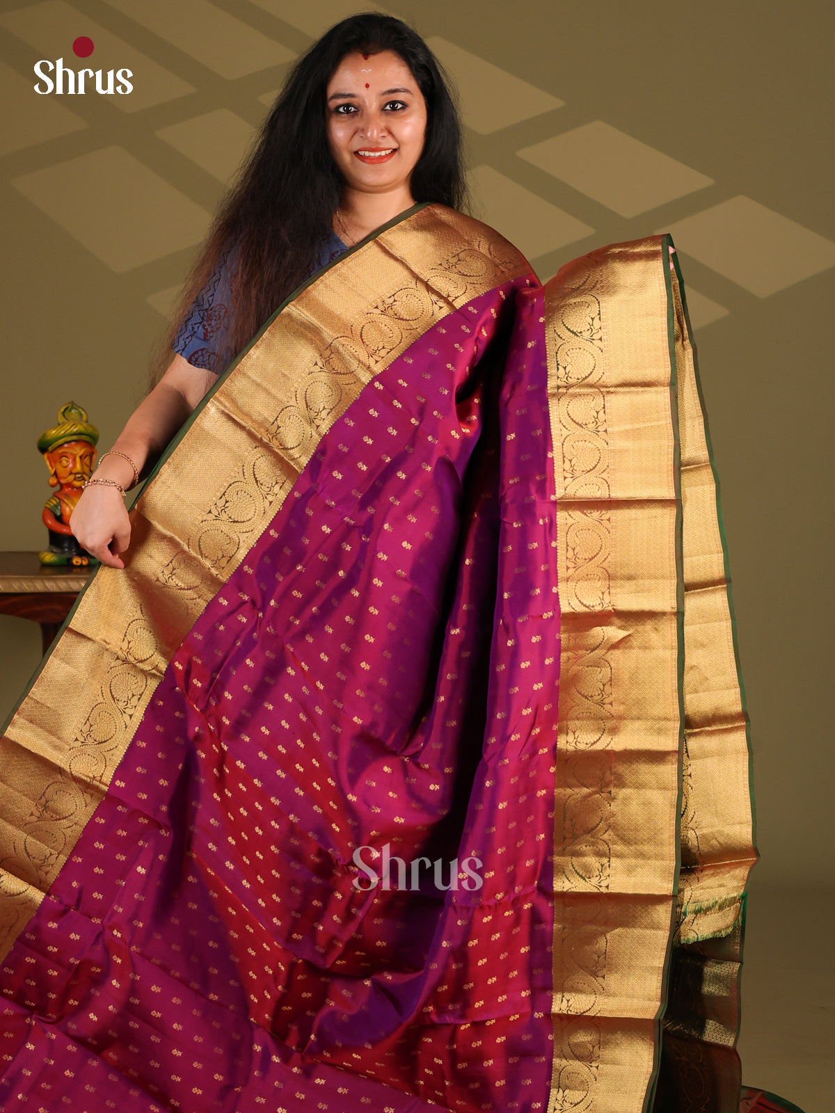 Wine & Green - Kanchipuram-halfpure Saree - Shop on Shrus.com