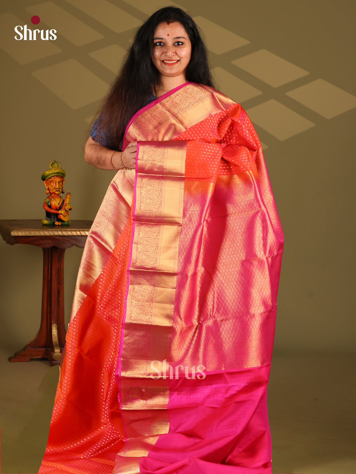 Orange & Purple - Kanchipuram-halfpure Saree - Shop on Shrus.com