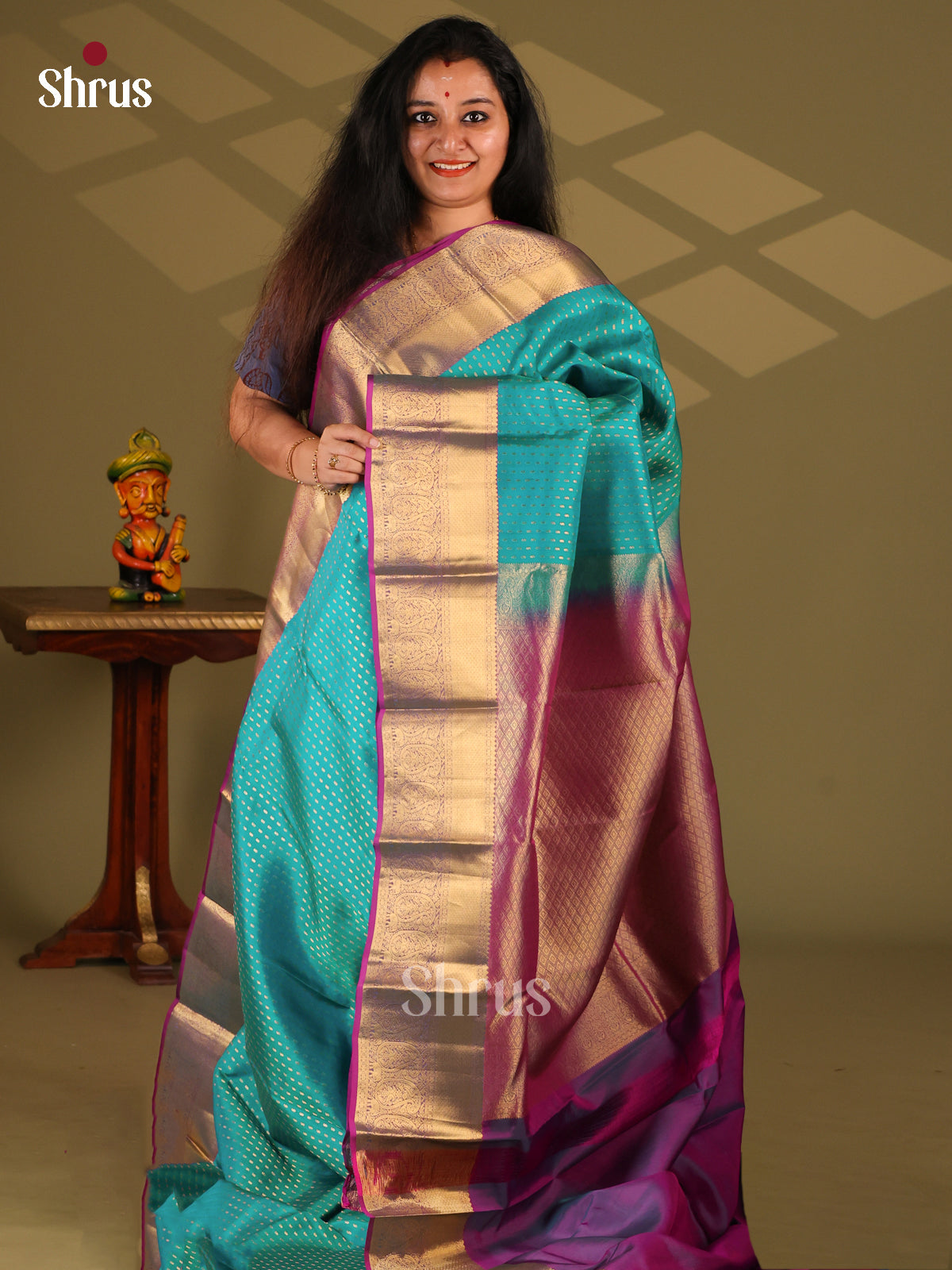 Teal & Purple - Kanchipuram-halfpure Saree - Shop on Shrus.com