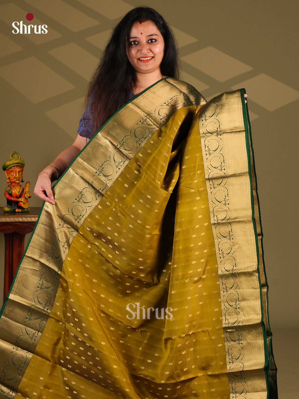Mehandi & Green - Kanchipuram-halfpure Saree - Shop on Shrus.com