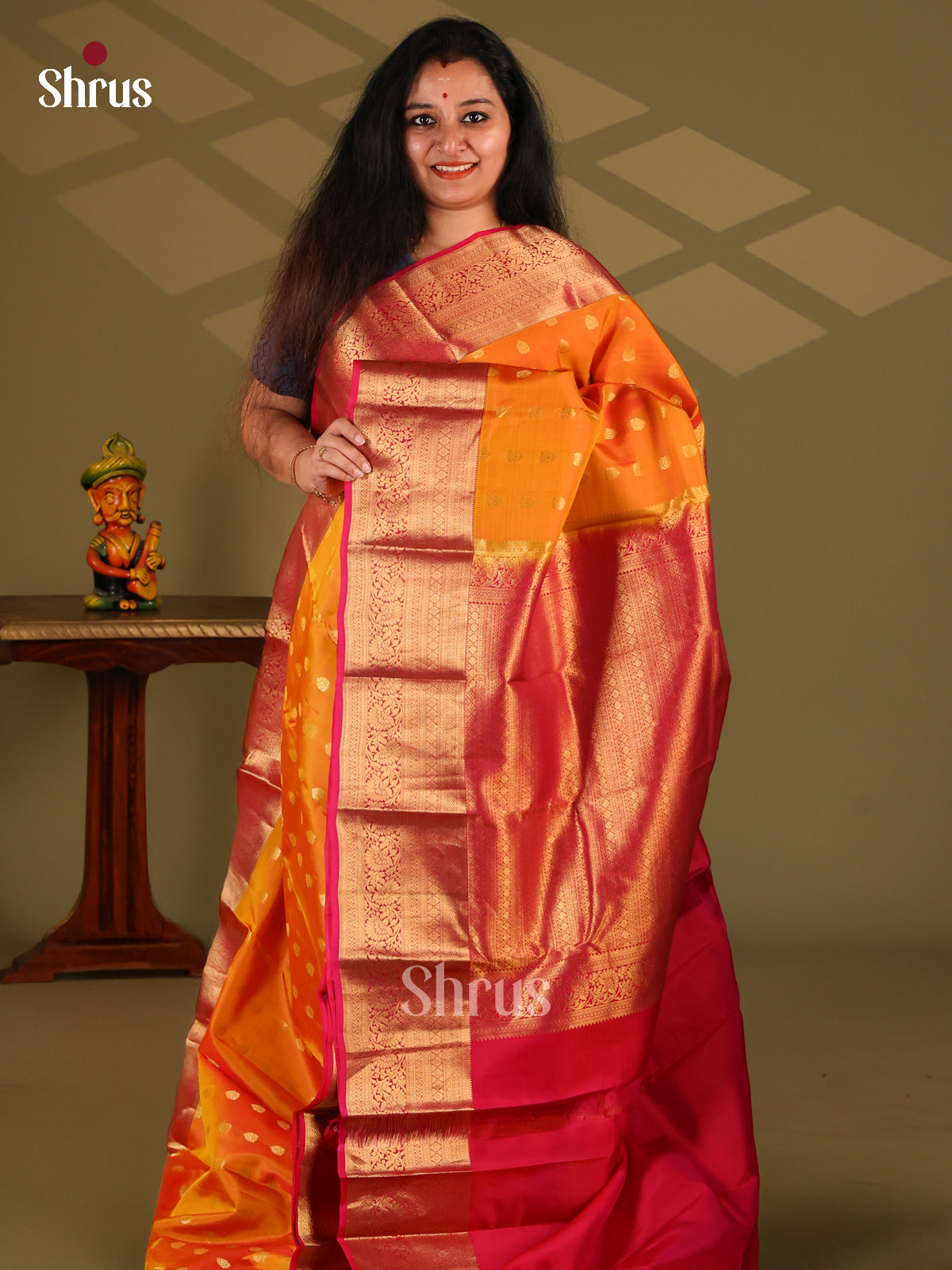Orange & Red - Kanchipuram-halfpure Saree - Shop on Shrus.com