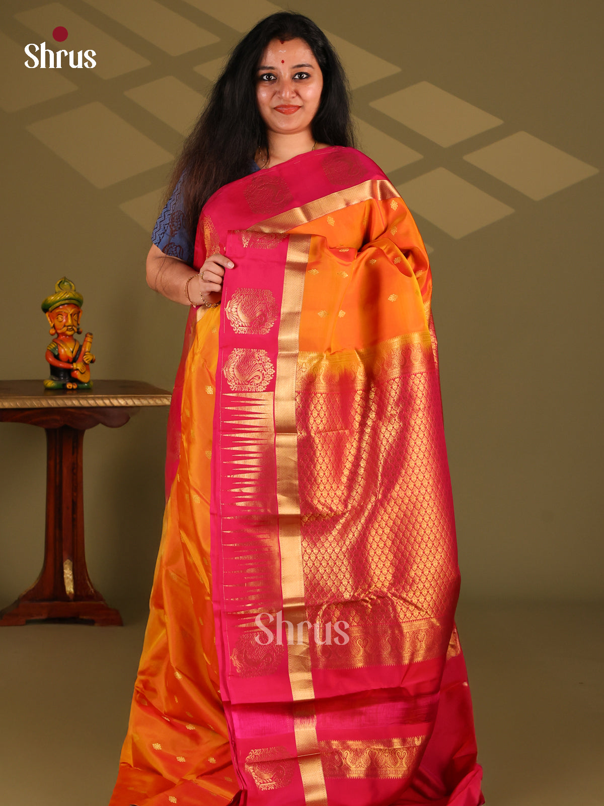 Orange  & Red - Kanchipuram-halfpure Saree - Shop on Shrus.com