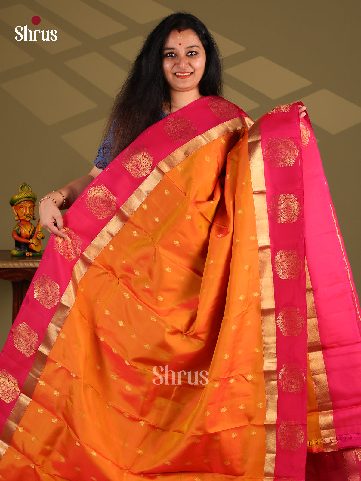 Orange  & Red - Kanchipuram-halfpure Saree - Shop on Shrus.com