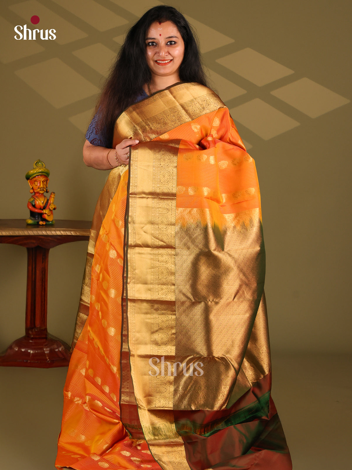 Orange & Brown - Kanchipuram-halfpure Saree - Shop on Shrus.com