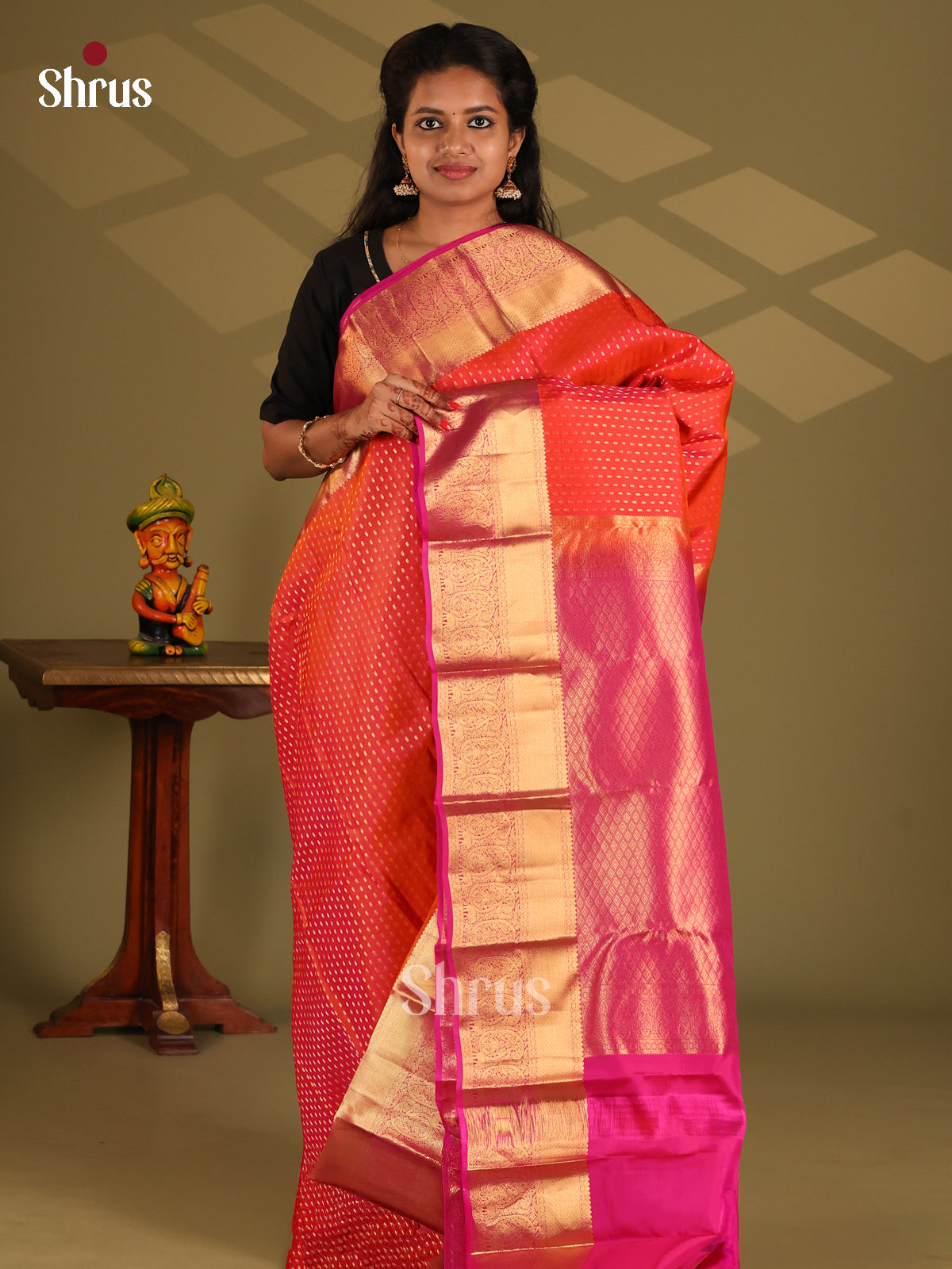 Orange & Pink - Kanchipuram-halfpure Saree - Shop on Shrus.com