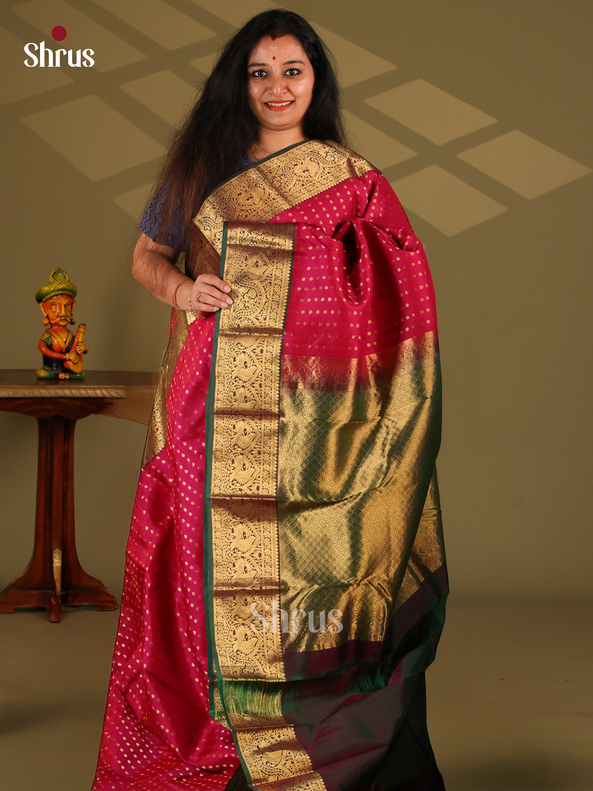 Reddish Pink & Green - Kanchipuram-halfpure Saree - Shop on Shrus.com