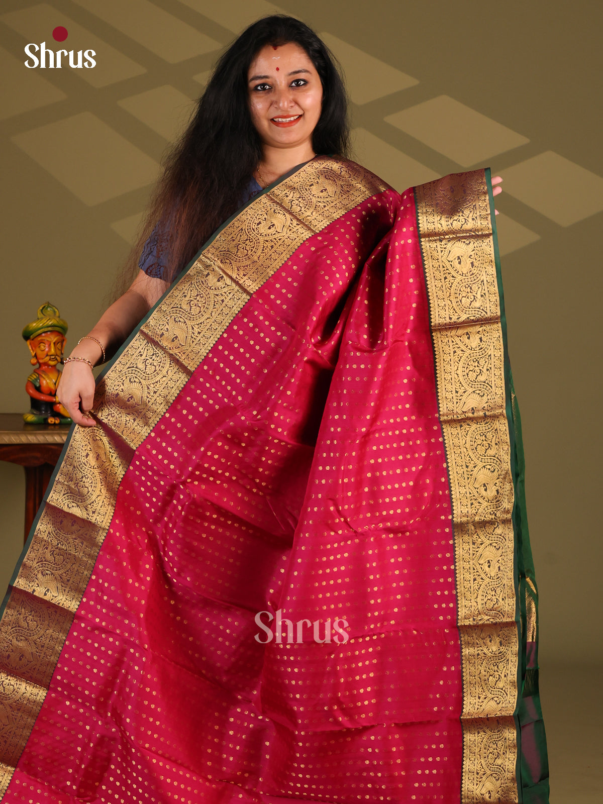 Reddish Pink & Green - Kanchipuram-halfpure Saree - Shop on Shrus.com