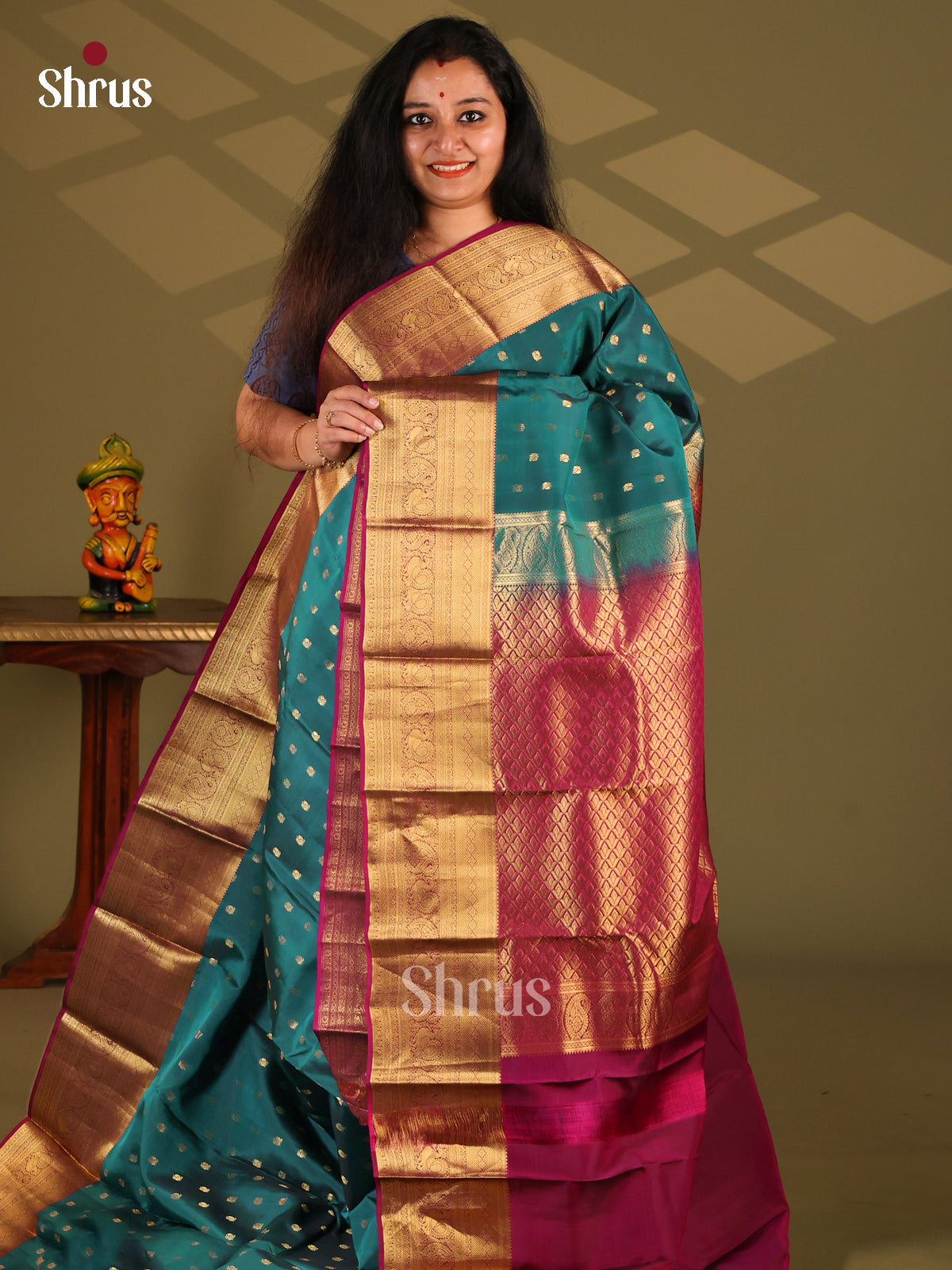 Peacock Blue & Purple- Kanchipuram-halfpure Saree - Shop on Shrus.com
