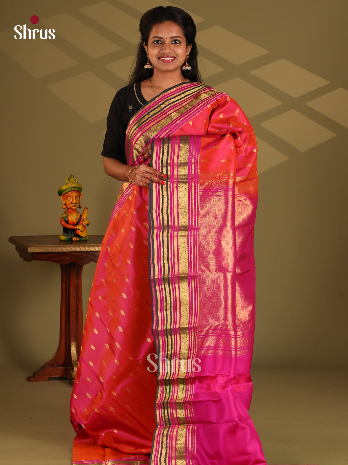 Orange & Pink - Kanchipuram-halfpure Saree - Shop on Shrus.com