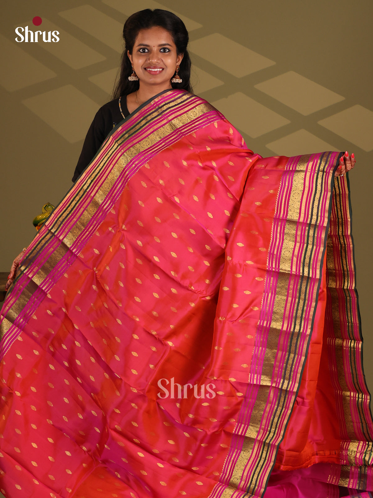 Orange & Pink - Kanchipuram-halfpure Saree - Shop on Shrus.com