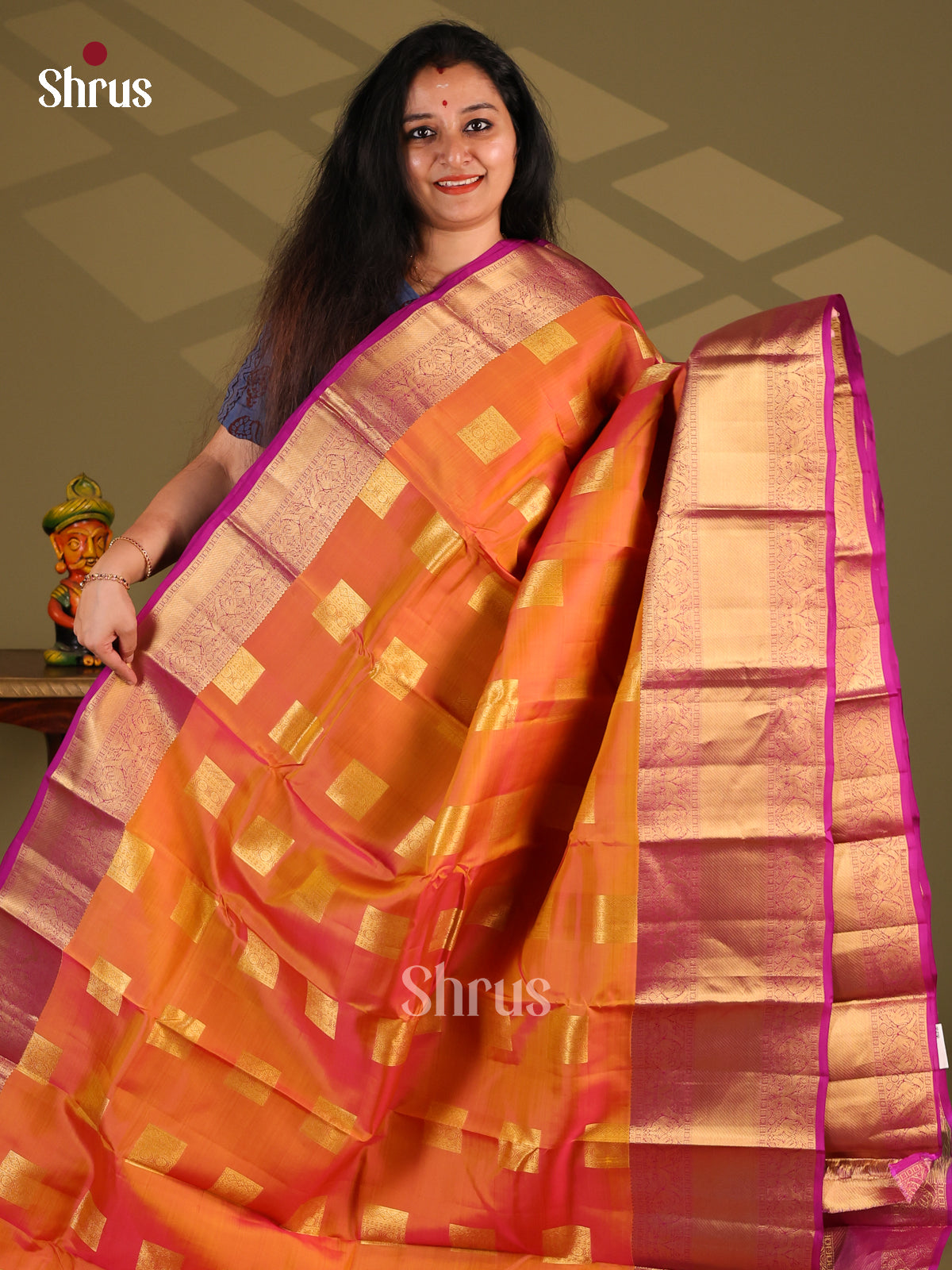 Orange & Purple- Kanchipuram-halfpure Saree - Shop on Shrus.com