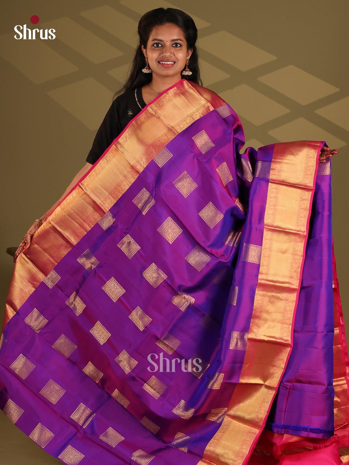 Violet & Majenta Pink  - Kanchipuram-halfpure Saree - Shop on Shrus.com