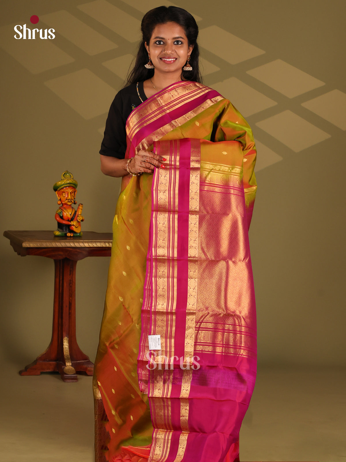 Mehandi Green & Majenta - Kanchipuram-halfpure Saree - Shop on Shrus.com