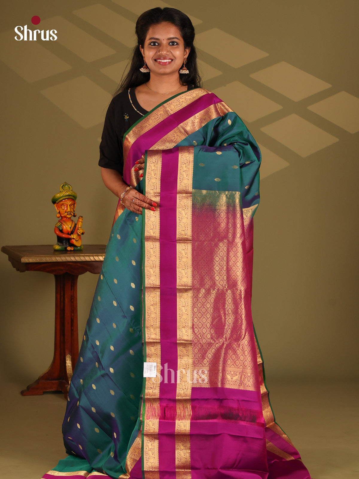 Peacock Blue  & Purple - Kanchipuram-halfpure Saree - Shop on Shrus.com