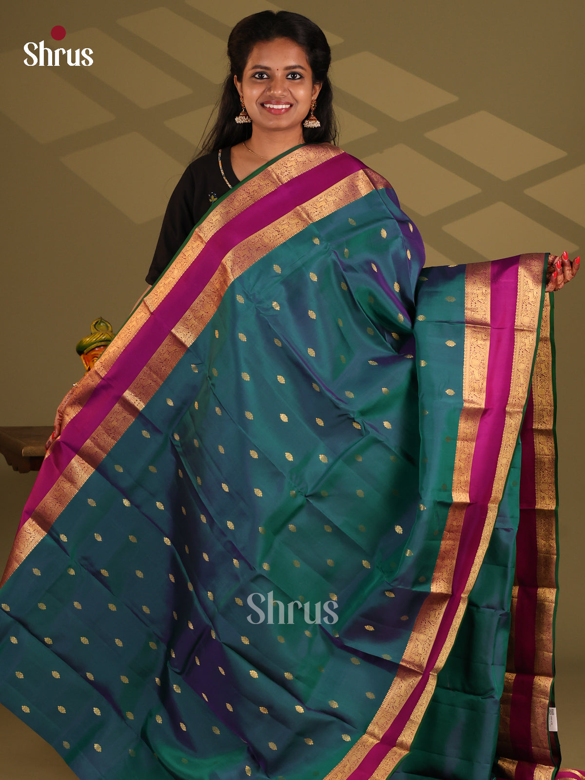 Peacock Blue  & Purple - Kanchipuram-halfpure Saree - Shop on Shrus.com