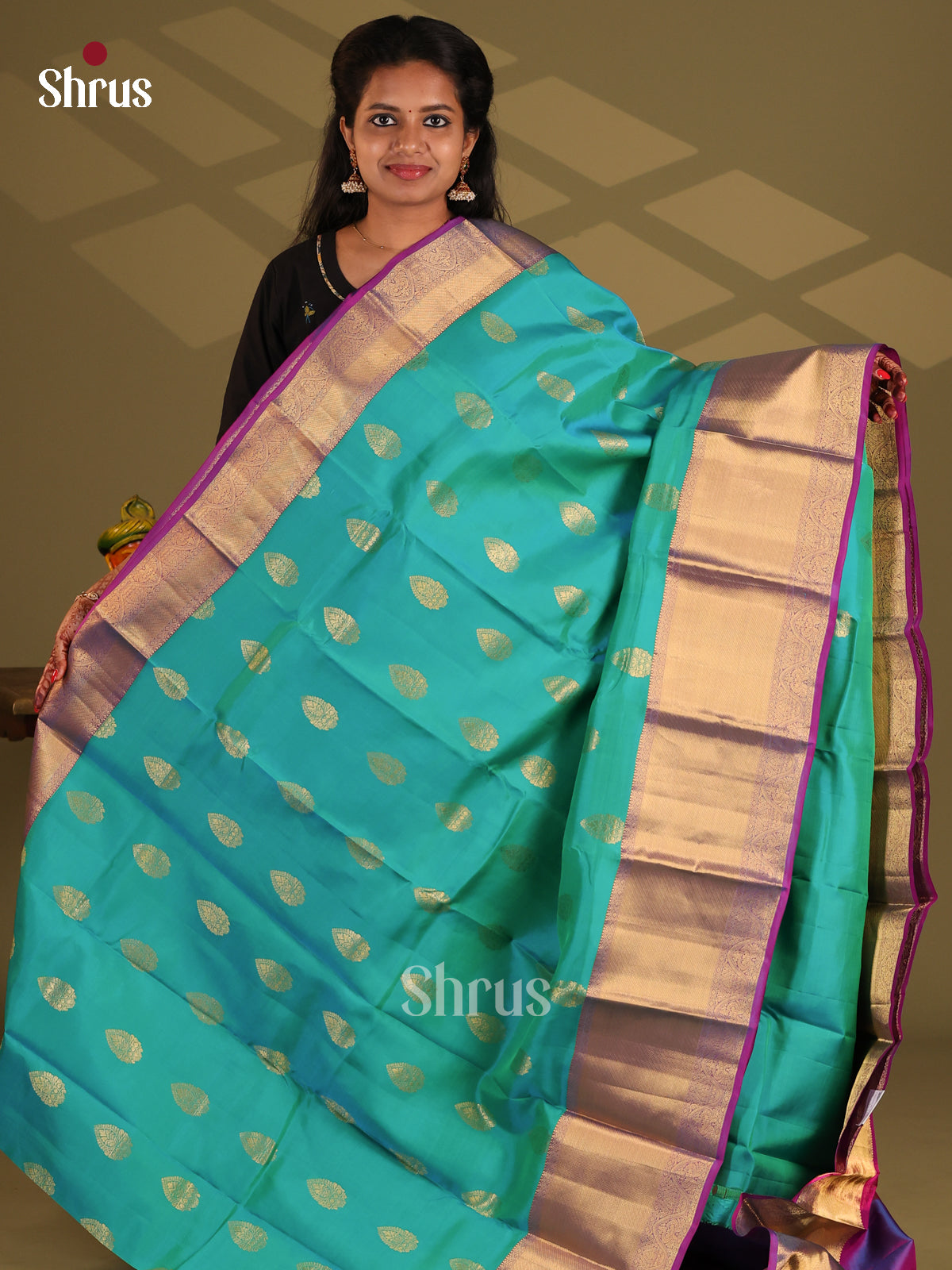Teal Green & Purple - Kanchipuram-halfpure Saree - Shop on Shrus.com