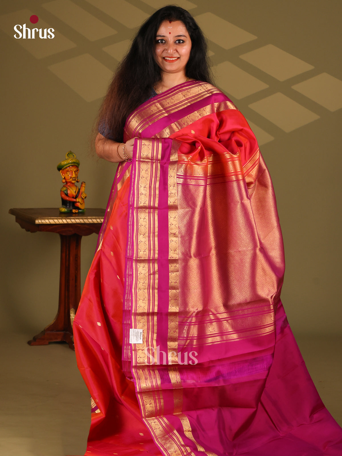 Orangish Pink & Purple- Kanchipuram-halfpure Saree - Shop on Shrus.com
