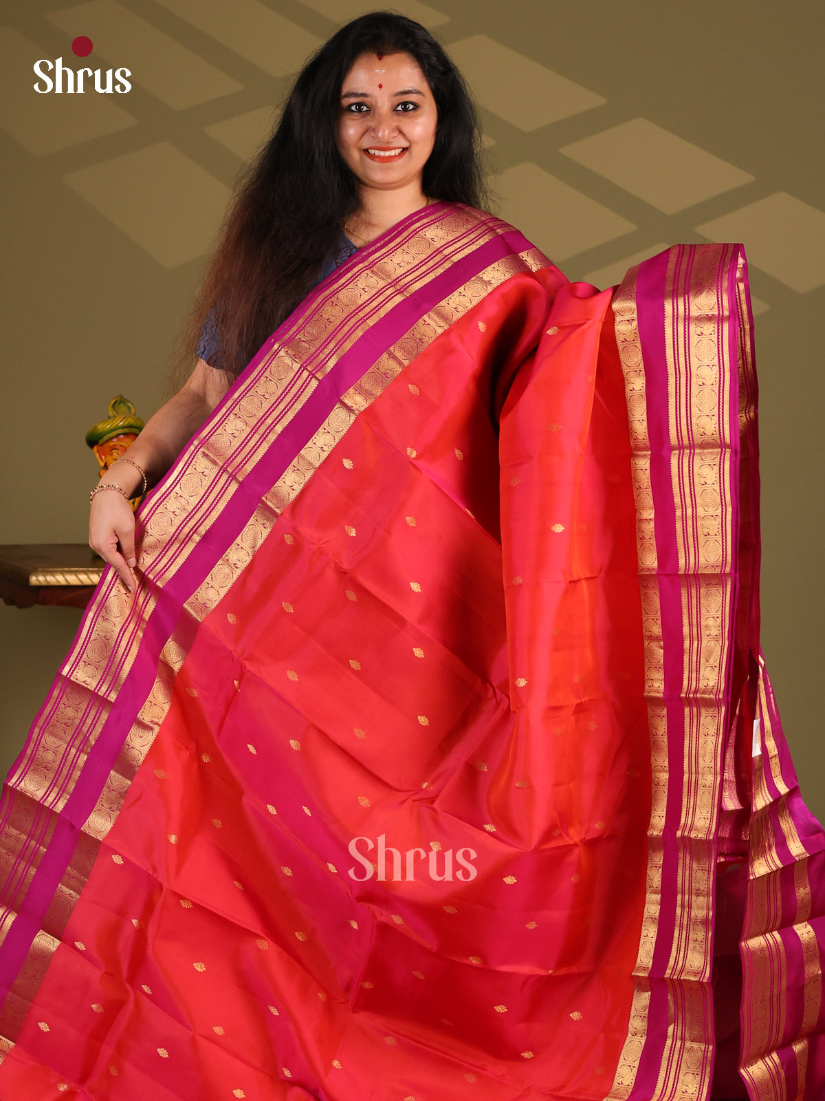 Orangish Pink & Purple- Kanchipuram-halfpure Saree - Shop on Shrus.com