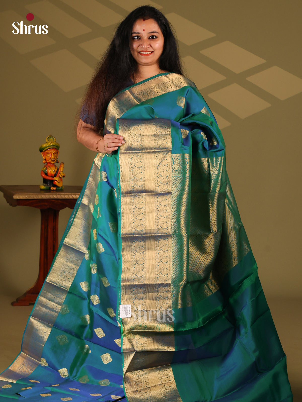 Peacock Blue(Single Tone)- Kanchipuram-halfpure Saree - Shop on Shrus.com